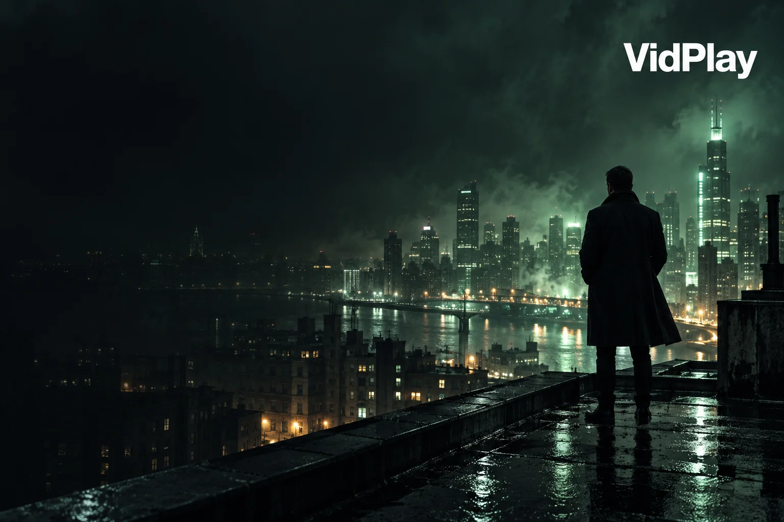 VidPlay above a mint-lit city at night